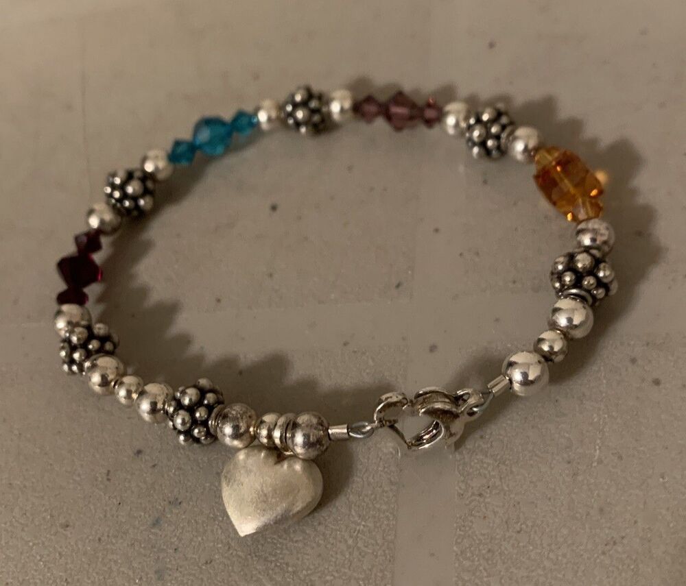 Vintage Sterling Silver Faceted Glass Beaded Heart Charm Bracelet 7.5”